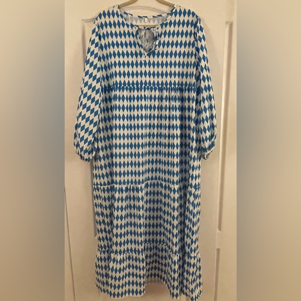 Blue and White Diamond Pattern Dress